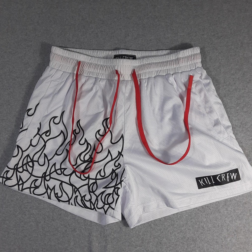 Kill Crew Mens White Mesh Basketball Shorts Flame Graphic Red Drawstring Large